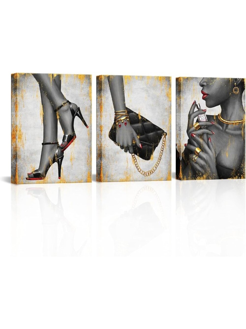 Elegant Black & Gold African American Artwork Set | 3-Piece Giclee Prints, Glam